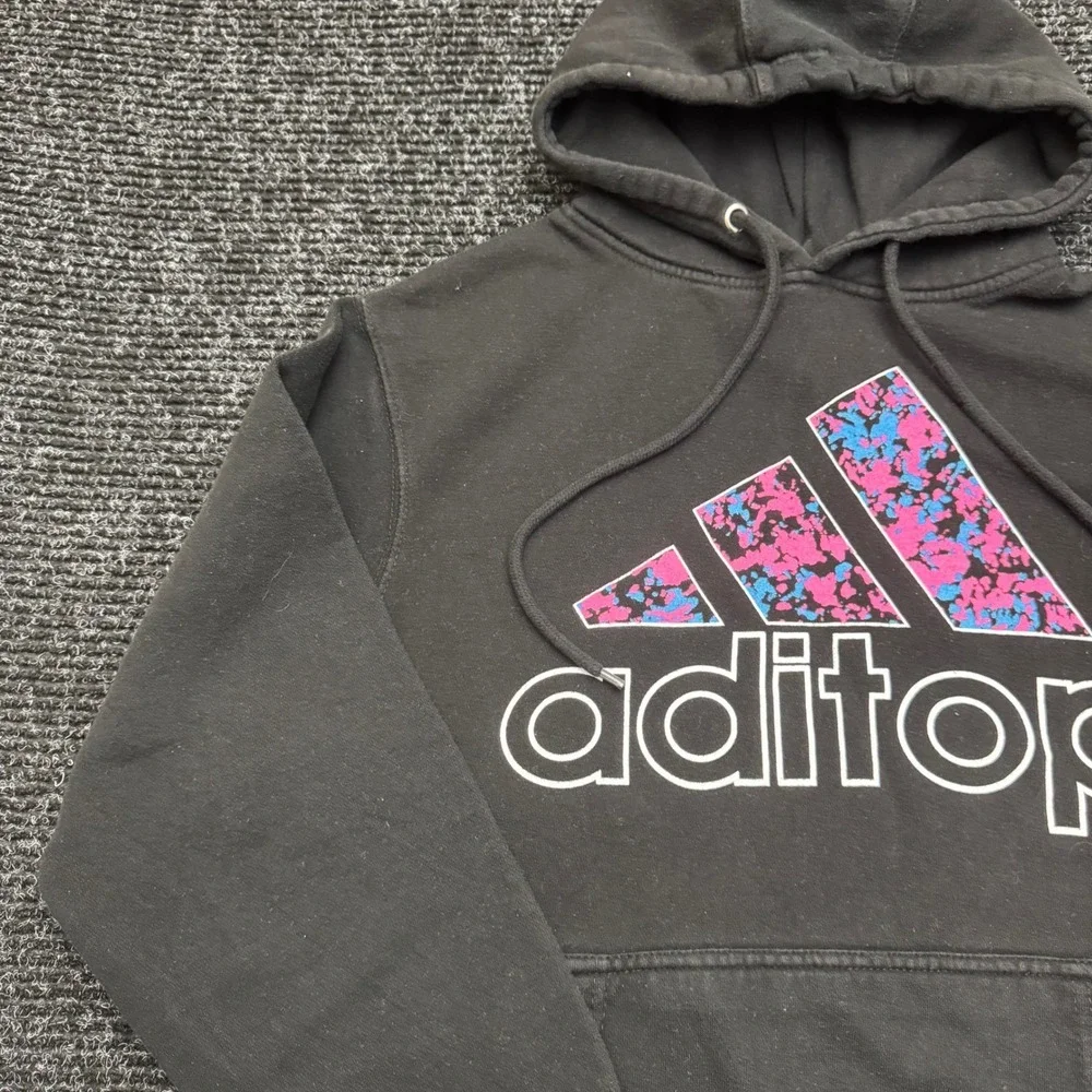 Adidas Aditop Black Graphic Hoodie Pink Blue Splatter‎ Logo Pullover Mens Medium